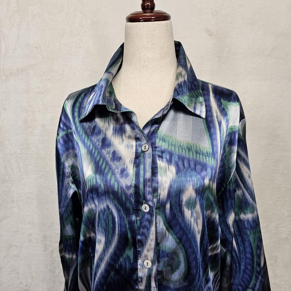 Chicos Shirt Womens 2 Blue Green Paisley Button Up Sheer 3/4 Sleeve Stretch‎ Top - Picture 2 of 9